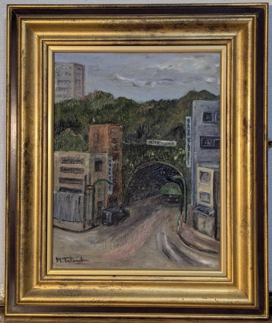 【真作】絵画　油彩6号　アーチのある街角風景　都市の小路と緑の丘　Y177