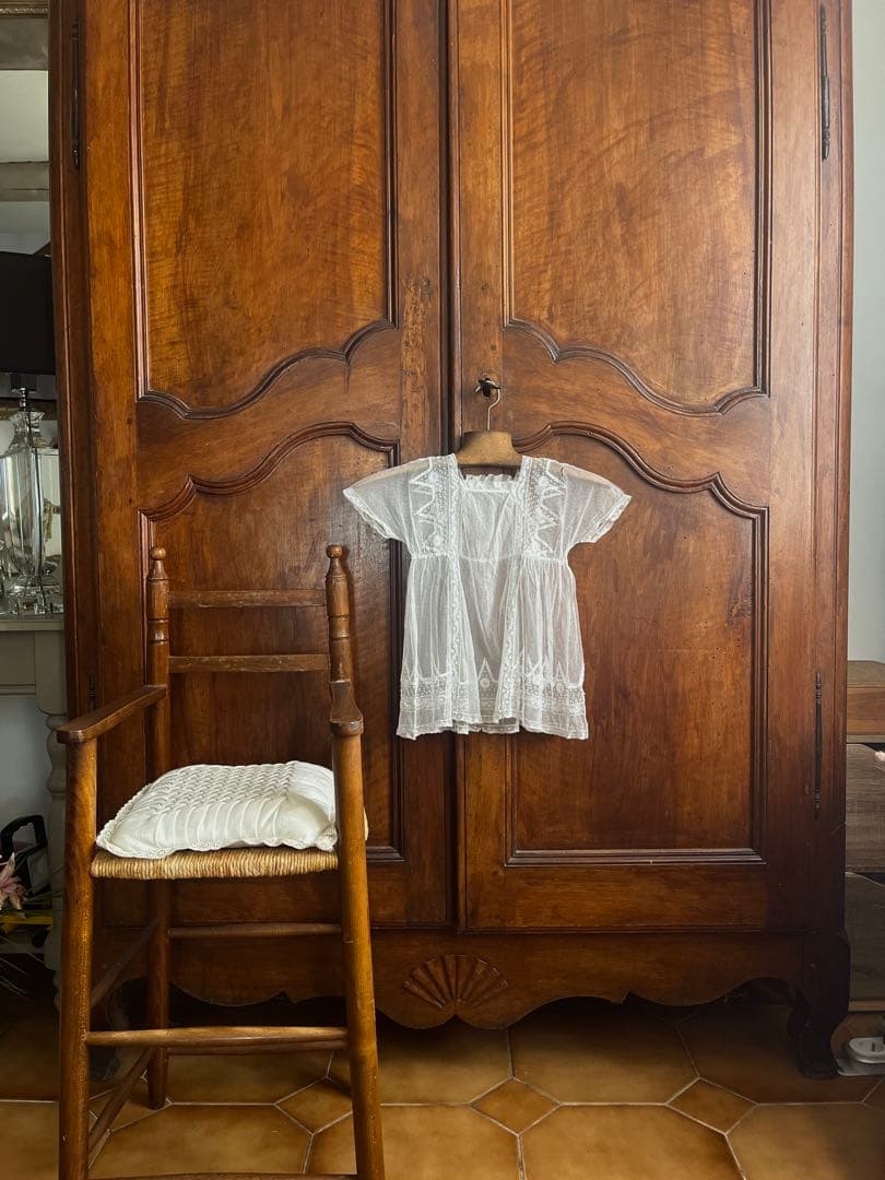 ◆フランスアンティーク｜セレモニーベビードレスB洗礼式白レース透け感テディベア