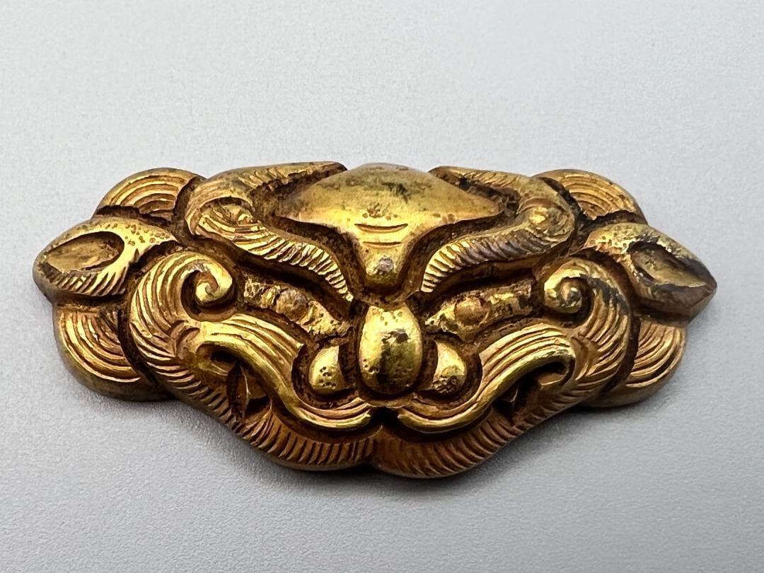 尾州藩士　江戸明治期　獅子顔形　手彫　大金具　銅製鍍金　骨董品