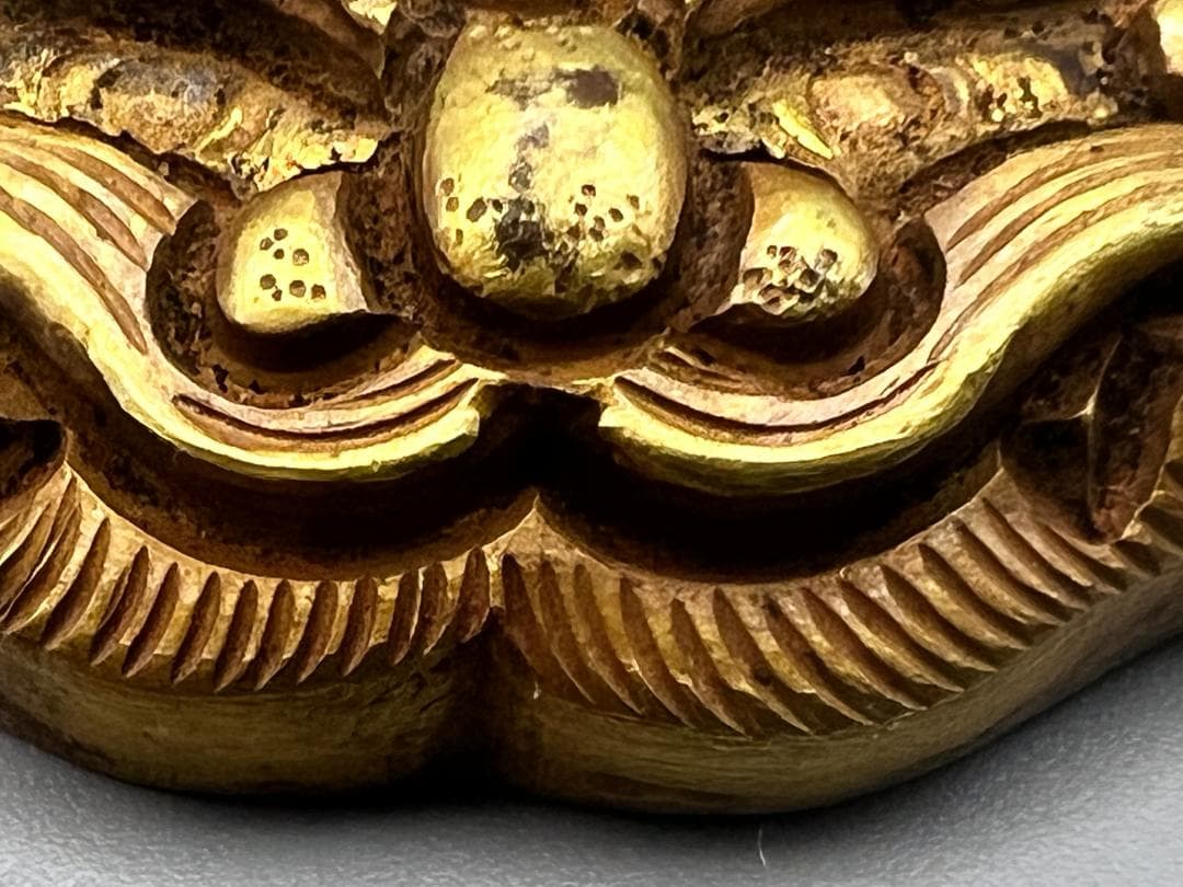 尾州藩士　江戸明治期　獅子顔形　手彫　大金具　銅製鍍金　骨董品