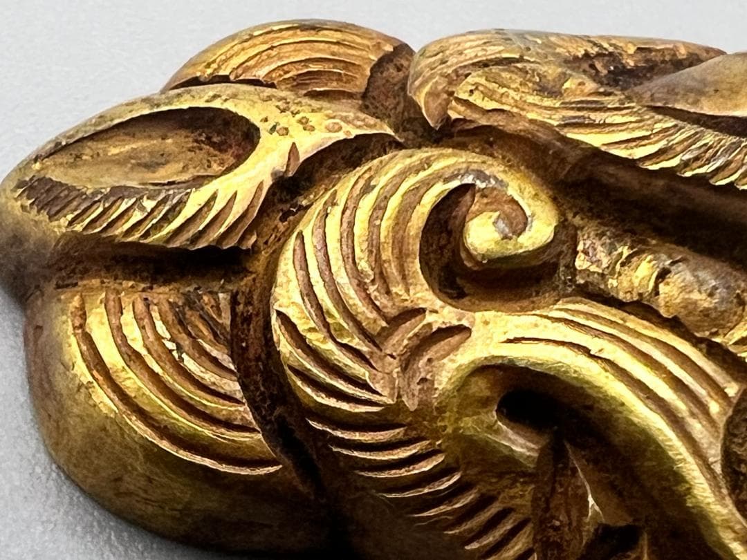 尾州藩士　江戸明治期　獅子顔形　手彫　大金具　銅製鍍金　骨董品