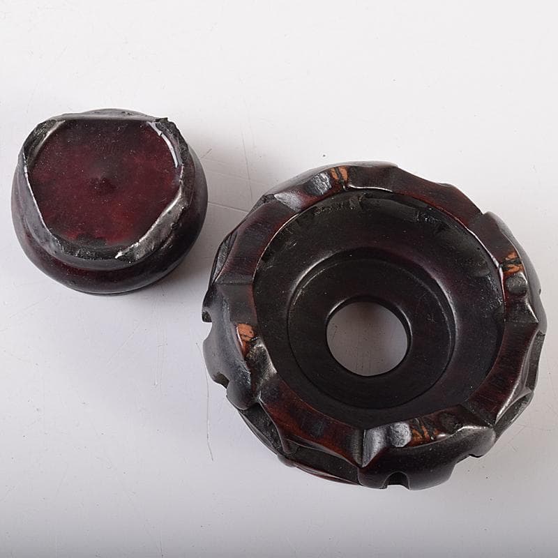 中国　漢詩西遊記刻　漢詩天女刻　丸瓢箪　唐木台付　2点　V　R7974