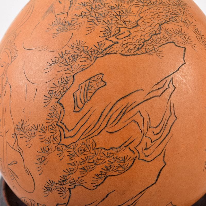 中国　漢詩西遊記刻　漢詩天女刻　丸瓢箪　唐木台付　2点　V　R7974