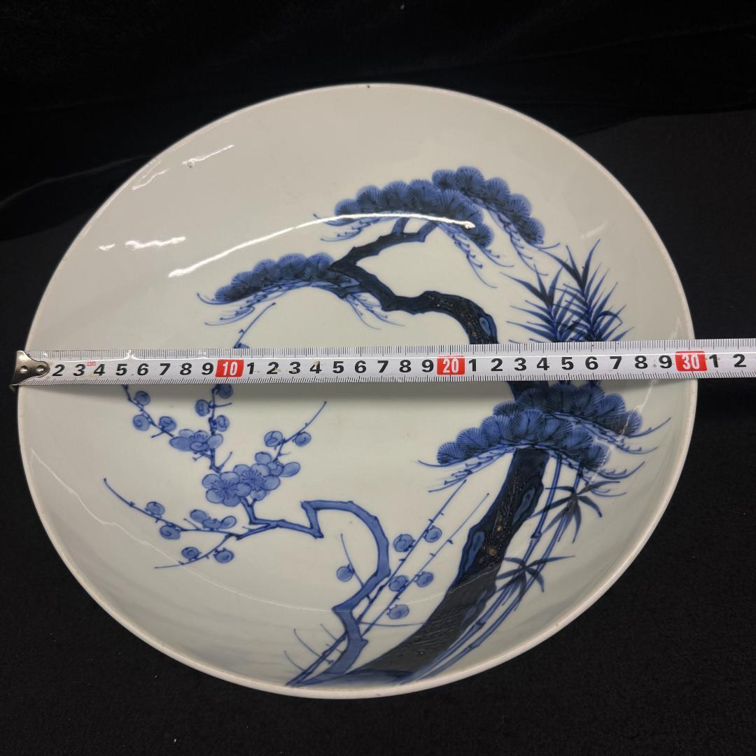 年末値下げ！鍋島焼　染付松竹梅文大鉢 （江戸時代後期　19世紀中頃）高台櫛目文