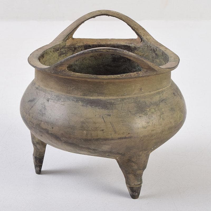 中国　大明宣徳年製　古銅　三足沖耳爐　香炉　時代箱付　M　R9196