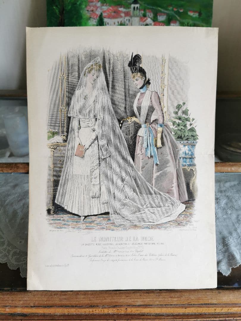 19cアンティーク銅版画 聖書を携えた新婦と姉妹/友人 ウェディングドレス手彩色