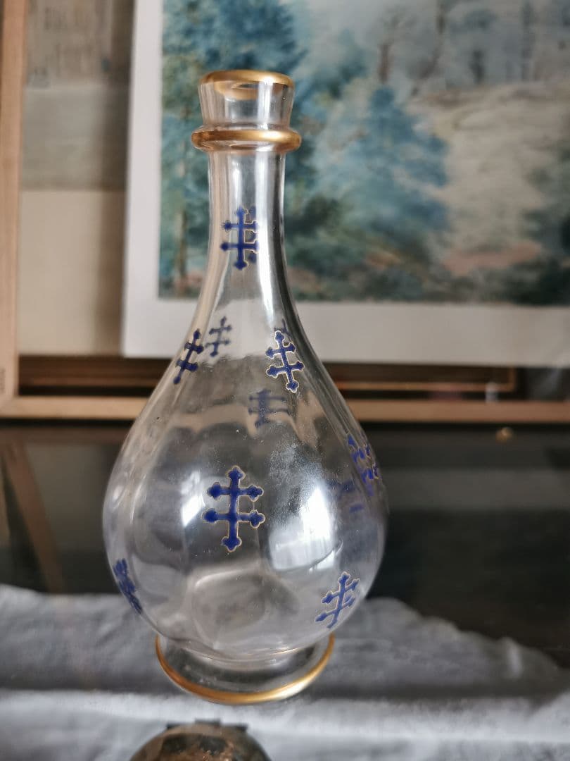 アンティーク ロレーヌ十字☨ エナメル碧 手描き金彩クリスタルデキャンタ