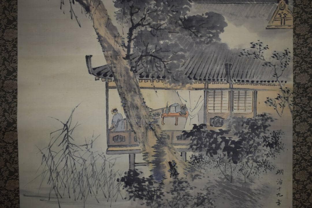 真作/森寛斎/明月杜鵑図/楼閣図/桐題箱付/布袋屋掛軸HH-108