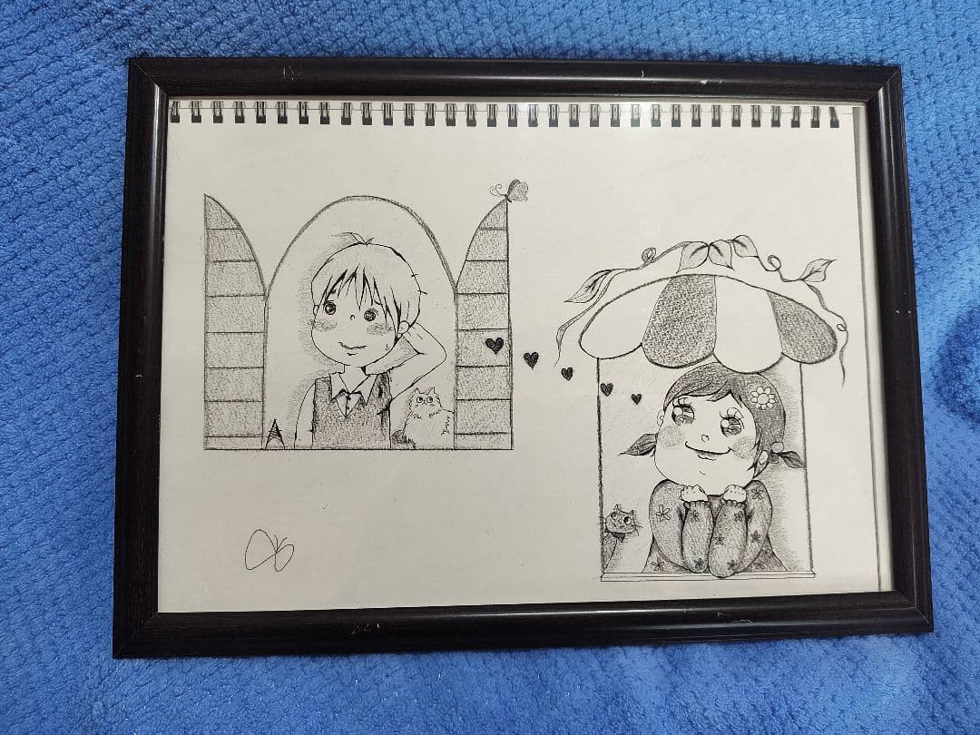 鉛筆画 二人のキャラクター 黒フレーム