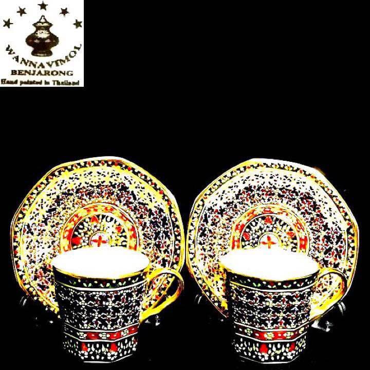タイ王室御用達超高級手書き ベンジャロン焼 18K盛カップ＆ソーサー2客