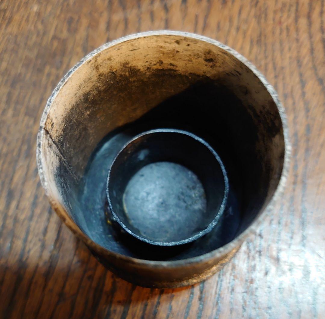 【中国古玩】『錫六角型ガラス絵入茶壺』底面に刻印有り。高さ18.5cm