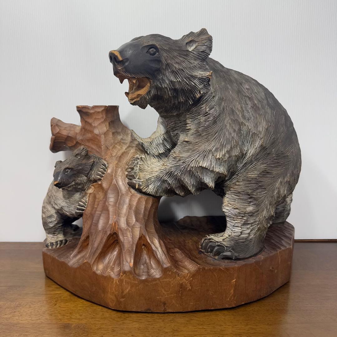 【希少】 木彫り 熊 親子 置物 1991年 当時物 北海道 阿寒湖 工芸品