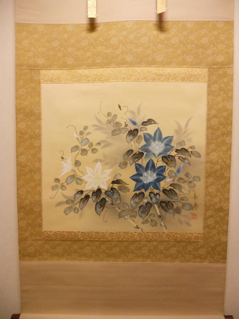 掛け軸 舟越長嘉 『 鉄線花 』 中島清堂 識箱 絹本 希少 茶道具 掛軸 美品