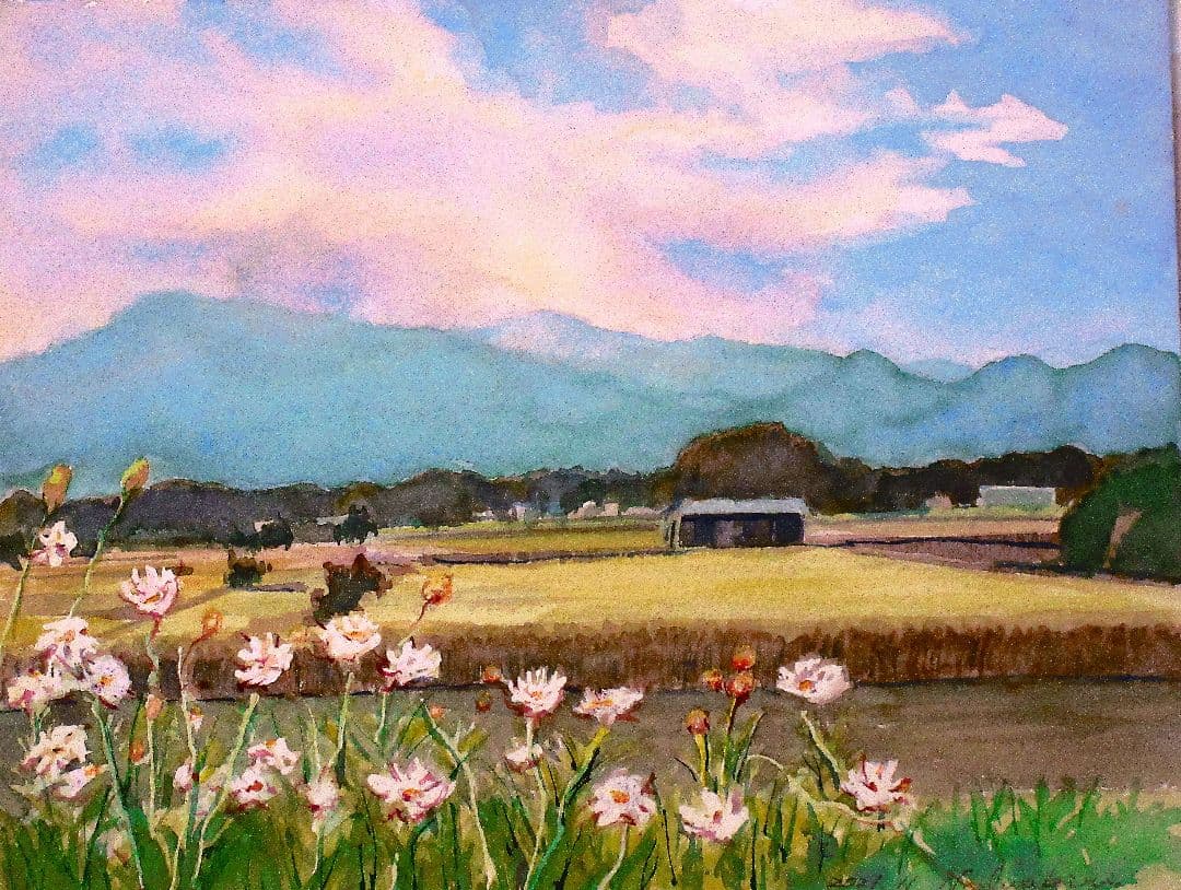 水彩画 風景画 白い花額装済み