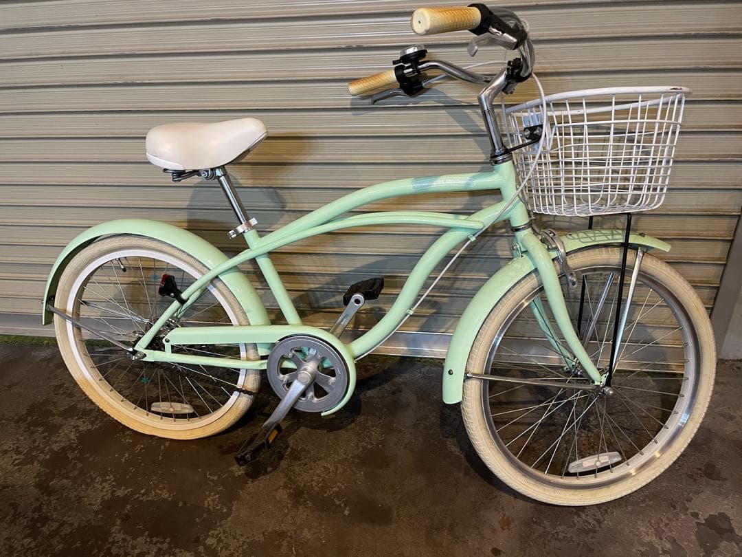 【引き渡し限定】ミントグリーン 22インチ ビーチクルーザー 前カゴ付き
