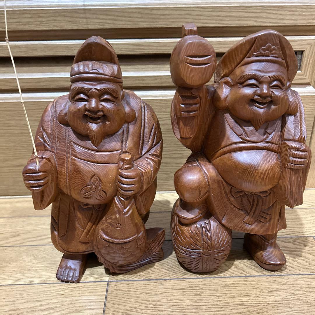木製 福の神 彫刻 2体セット