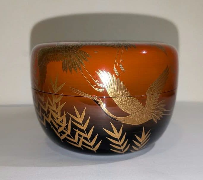 『和歌浦蒔絵』平棗　清水庄三 鶴模様 茶道具 永田宗伴書付的々斉　朱塗り内銀溜塗