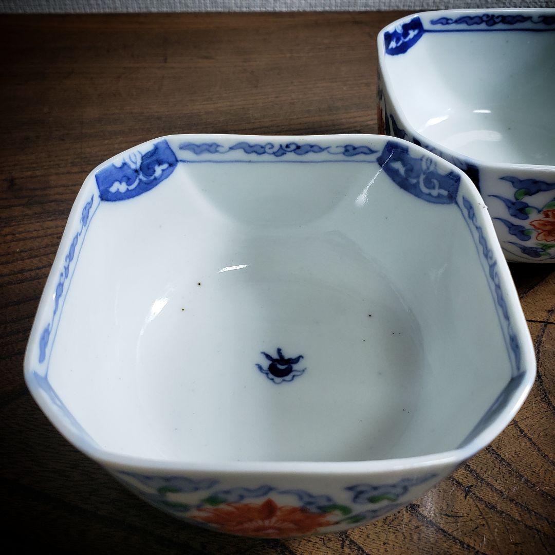 向付　角向付　小鉢　染付　色絵付　2客 古伊万里　明治　唐花　雲　内折　宝珠　銘