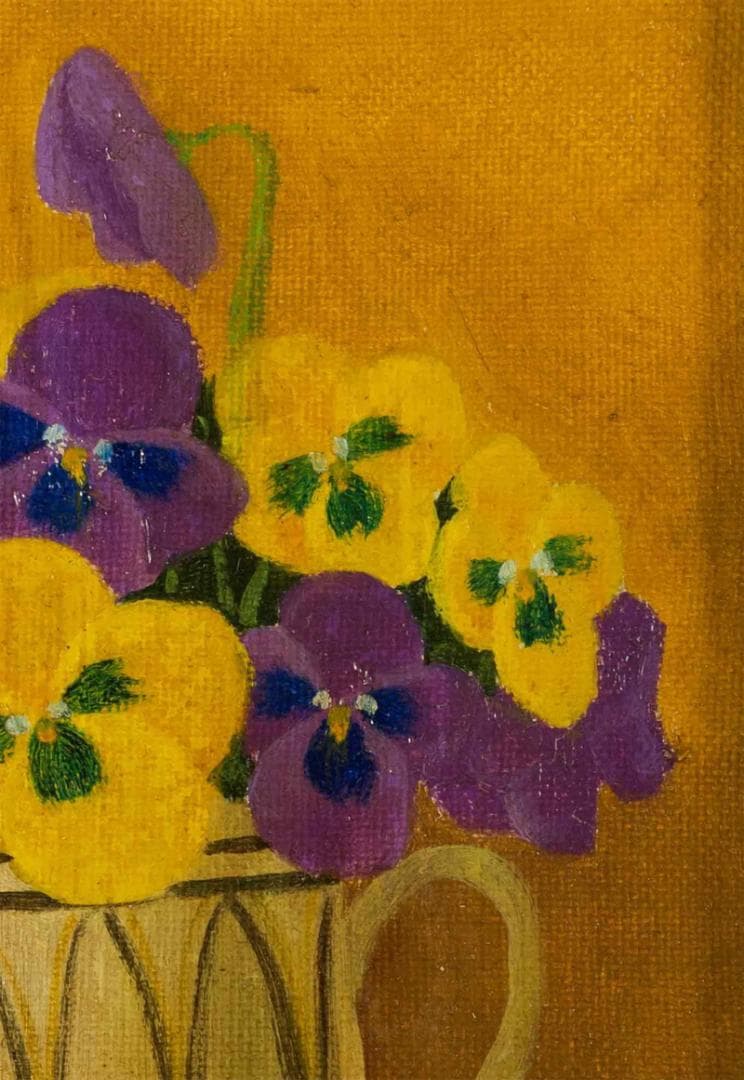 岡鹿之助　油彩　肉筆『パンジー』表サイン　共シール　SM号　額装　b885