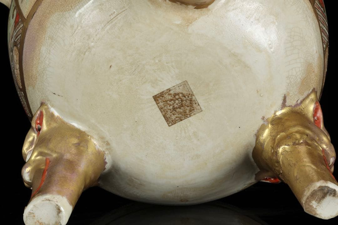 薩摩焼 金襴手金彩色絵 武者人物図 獅子摘三足大香炉 62㎝ 共箱 古美術 骨董