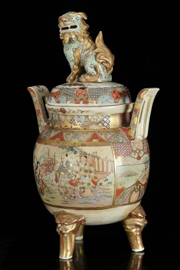 薩摩焼 金襴手金彩色絵 武者人物図 獅子摘三足大香炉 62㎝ 共箱 古美術 骨董