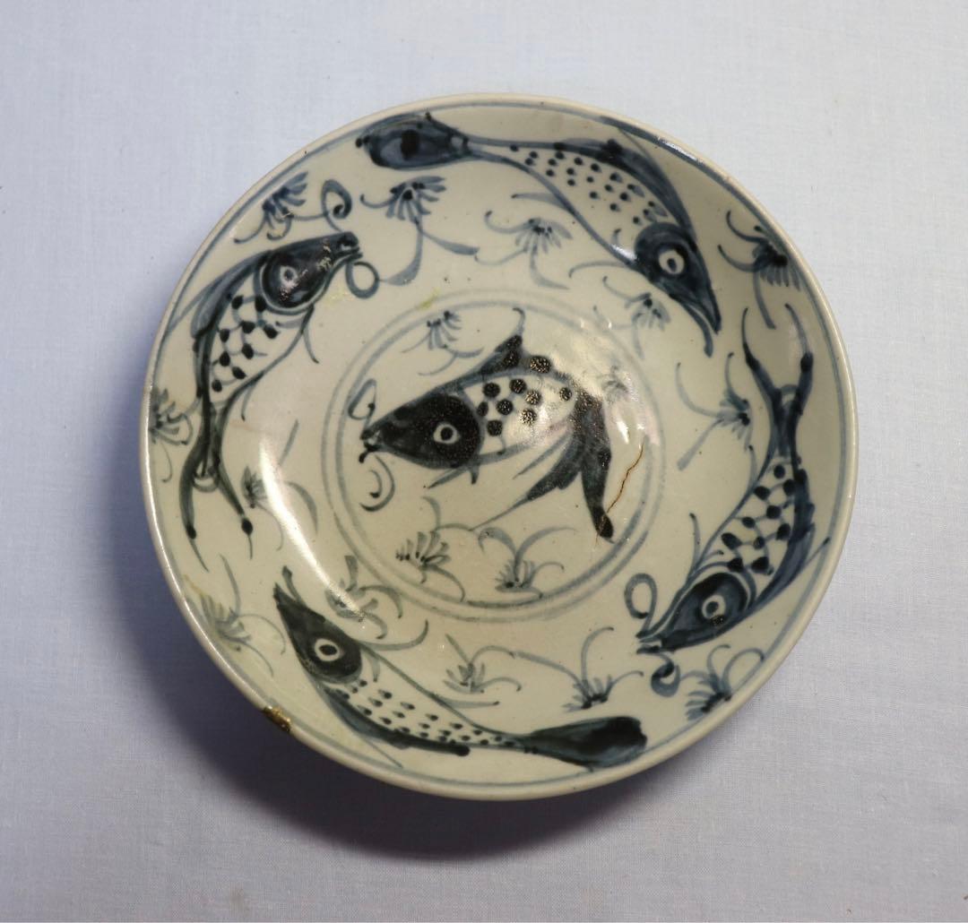 中国　清朝期　染付魚藻紋大皿　送料込み0930