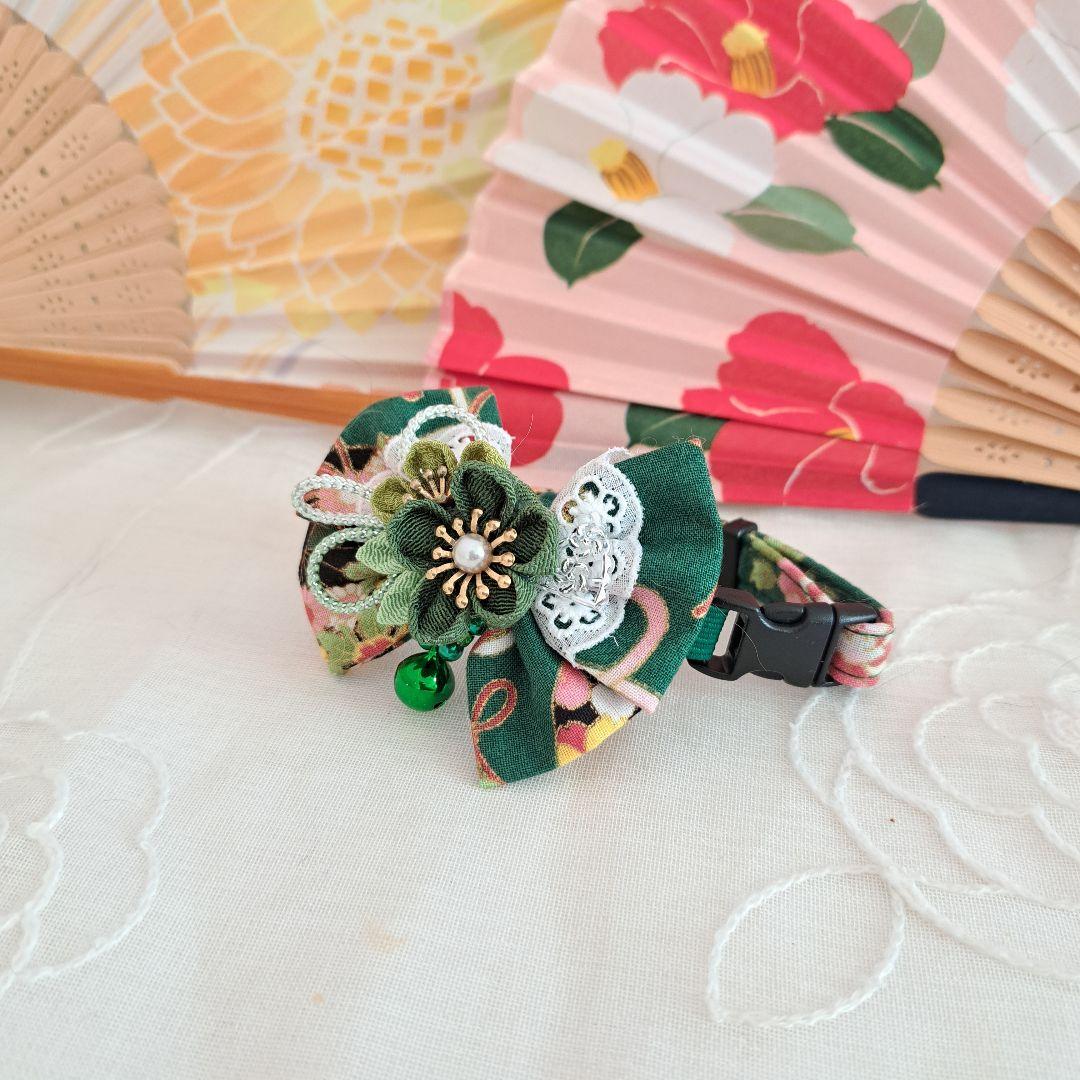 ダブルリボン、和風つまみ細工(緑)わんちゃん猫ちゃん用首輪