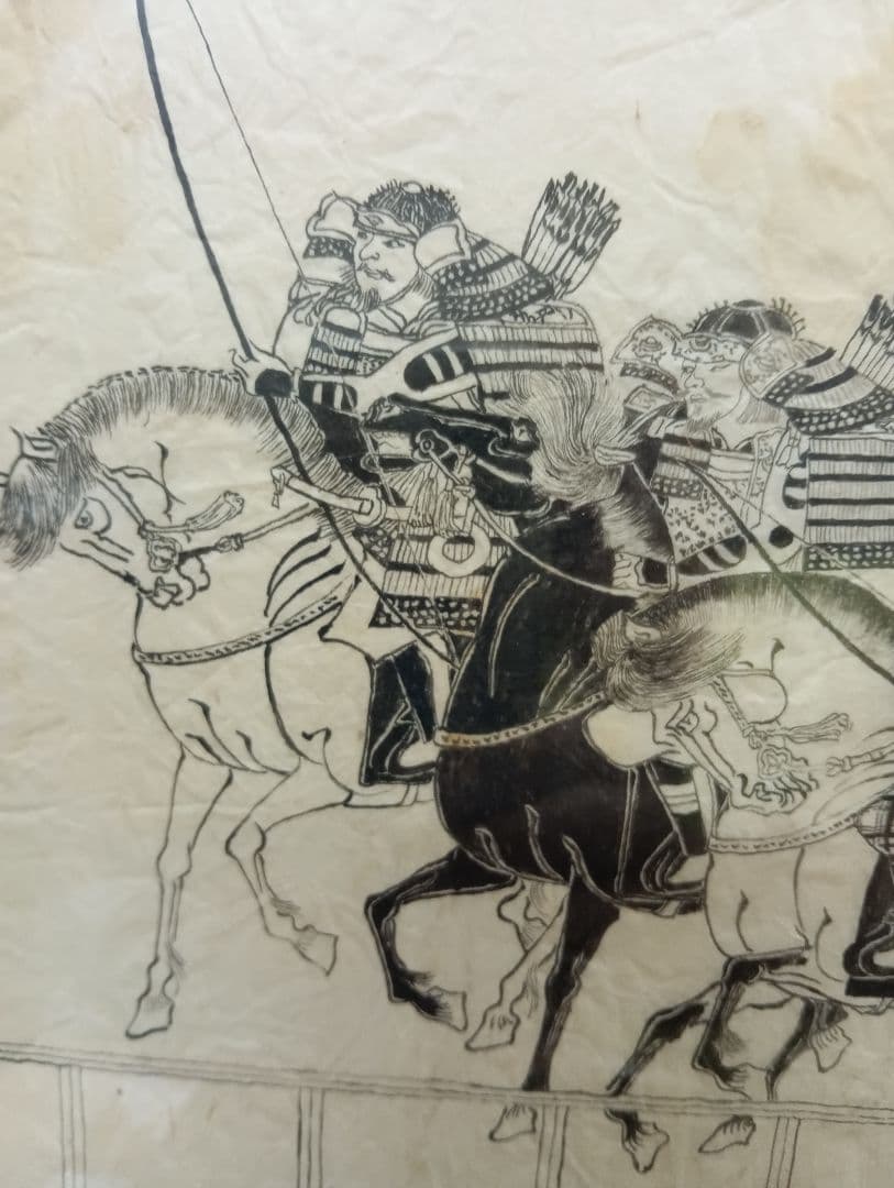 江戸時代後期幕末頃武家旧家蔵出馬上武者絵図古文書資料横幅４４Ｘ縦３２センチ額装品