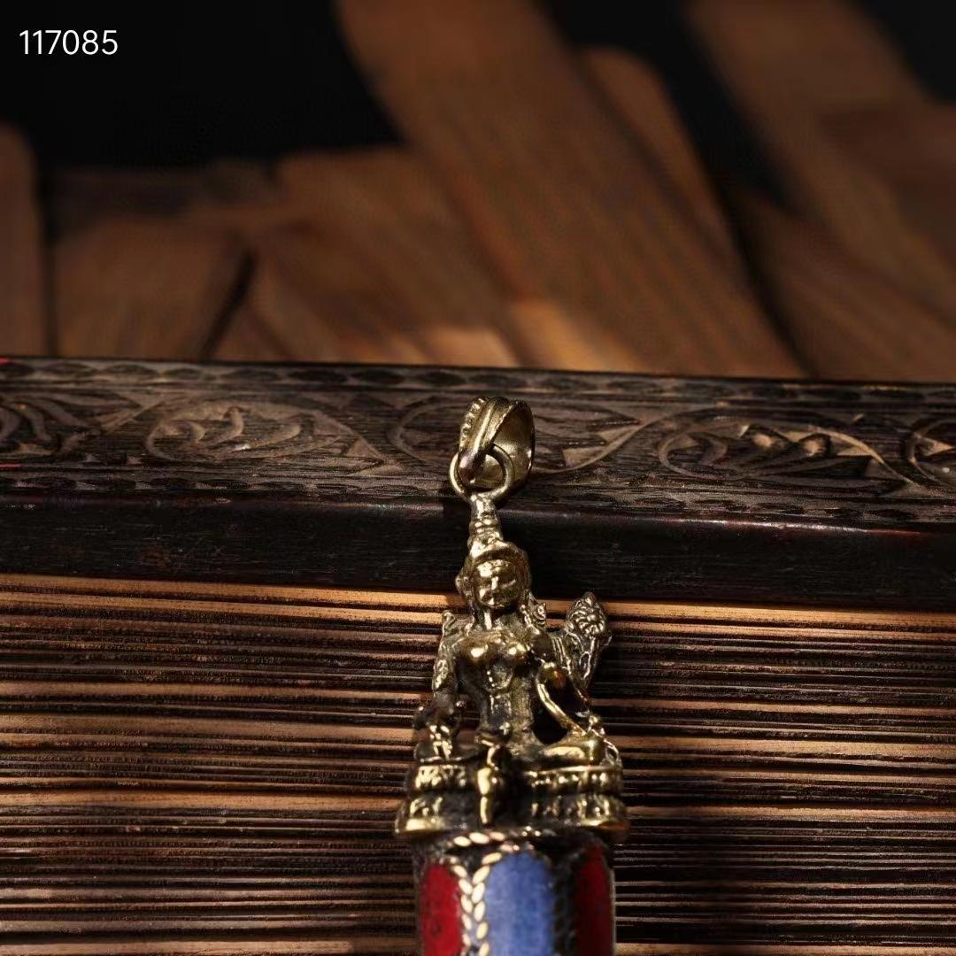 中国古美術・西蔵工芸・純銅製緑度母・宝石入りペンダント・根付・飾物・西蔵手工芸