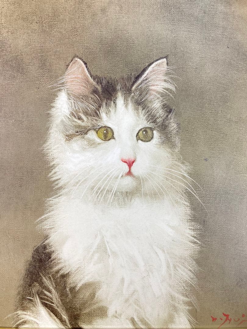 【真作保証】藤井勉「朝のマリー」油彩3号 直筆サイン 裏書き 絵画 額装 猫