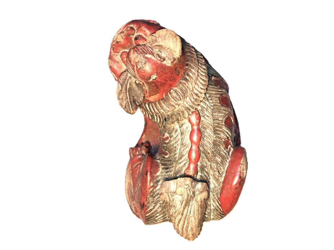 【 木彫金朱漆塗玉獅子 】　江戸時代