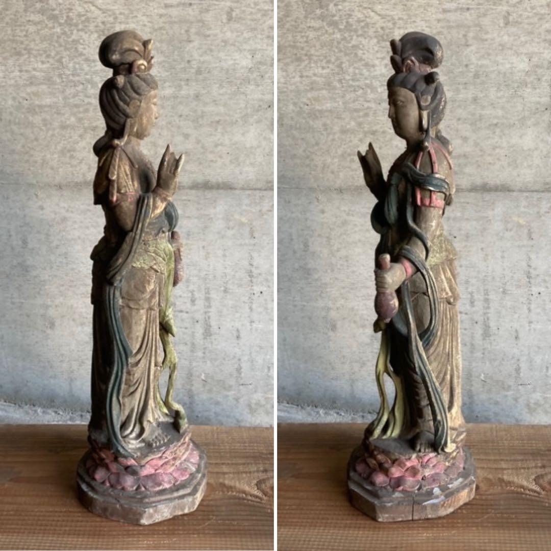 古い仏像 観音菩薩 立像 木製 木彫り 彫刻 置物 古美術 骨董品 レトロ