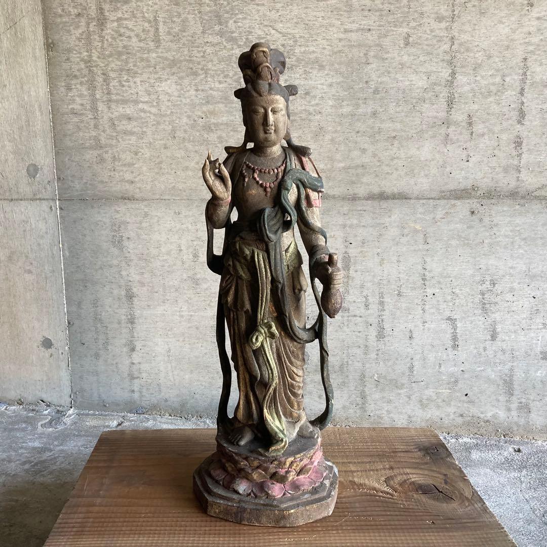 古い仏像 観音菩薩 立像 木製 木彫り 彫刻 置物 古美術 骨董品 レトロ