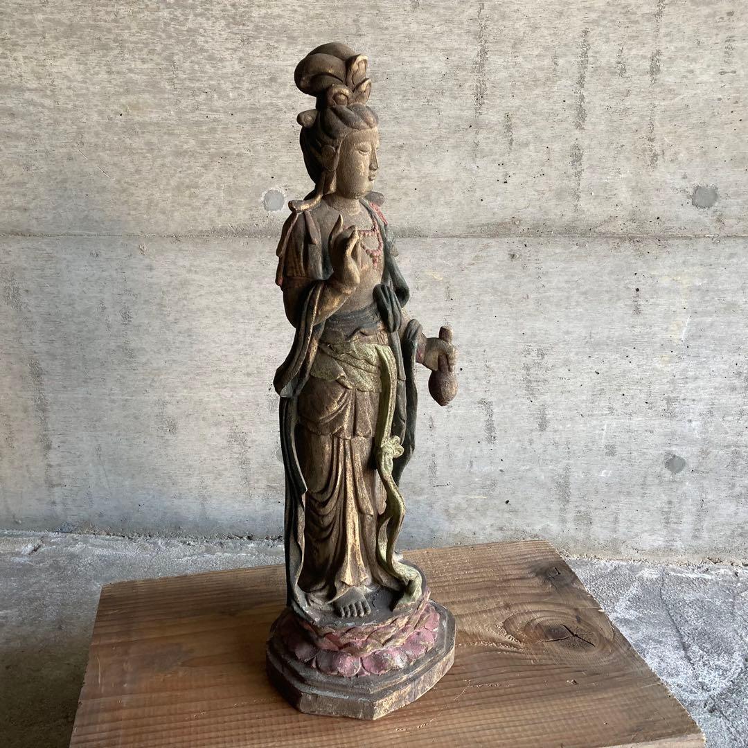 古い仏像 観音菩薩 立像 木製 木彫り 彫刻 置物 古美術 骨董品 レトロ