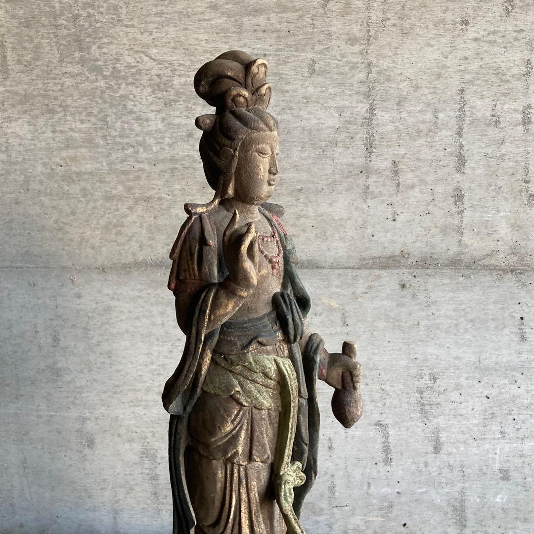 古い仏像 観音菩薩 立像 木製 木彫り 彫刻 置物 古美術 骨董品 レトロ
