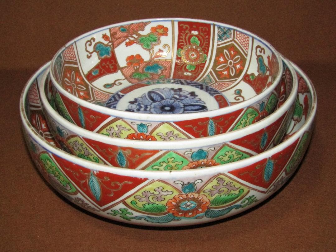 【色絵　割絵　三つ丼】古伊万里