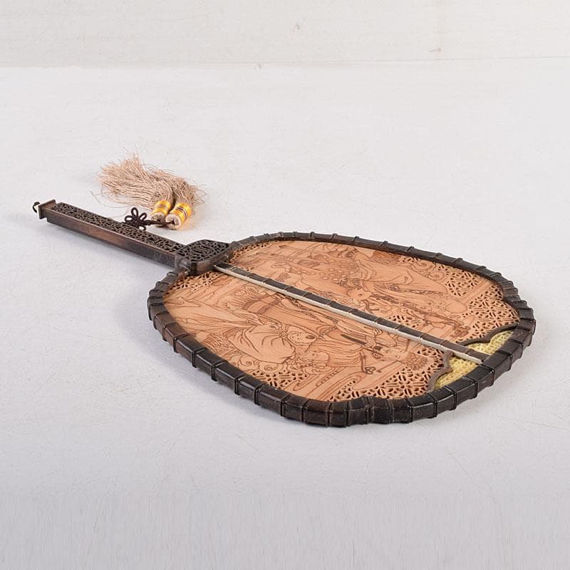 中国　唐木紫檀枠　山水人物彫　檀香宮扇　団扇　証明書付　C　8311