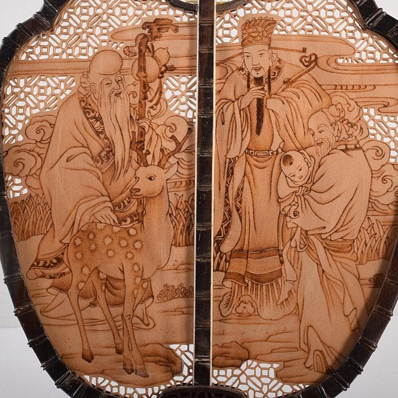 中国　唐木紫檀枠　山水人物彫　檀香宮扇　団扇　証明書付　C　8311