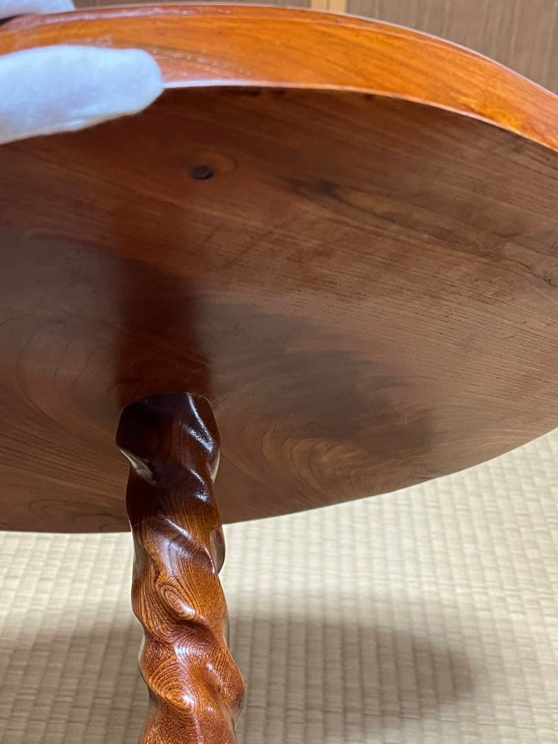 木製二段式円形テーブル　回転　けやき　昭和レトロ　サイドテーブル