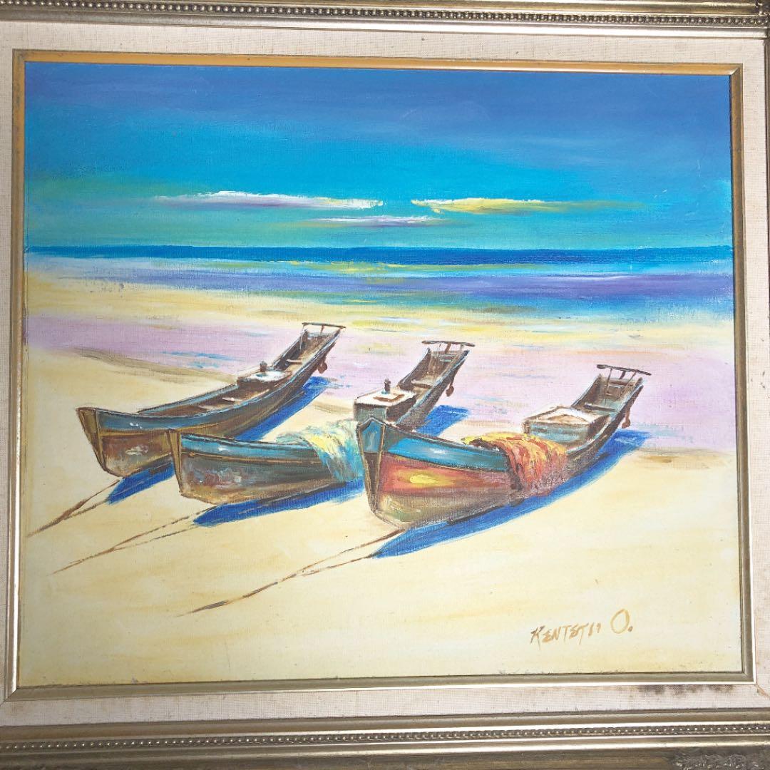 絵画　海　砂浜　癒し　南国の砂浜　舟