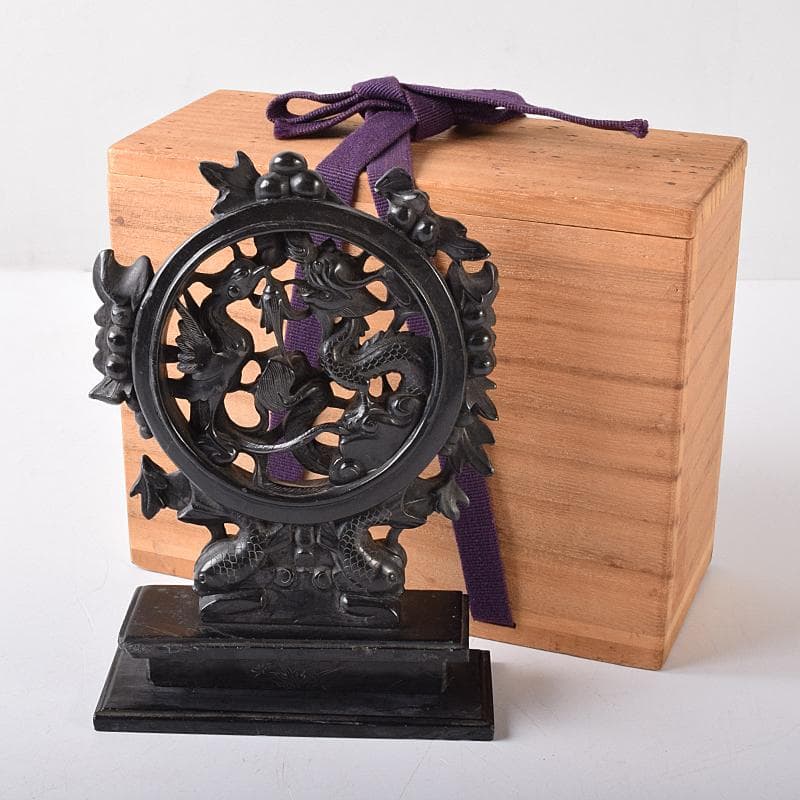 中国　玉石黒石彫刻　鳳凰文透かし彫　硯屏　床飾　置物　時代箱付　C　R8364