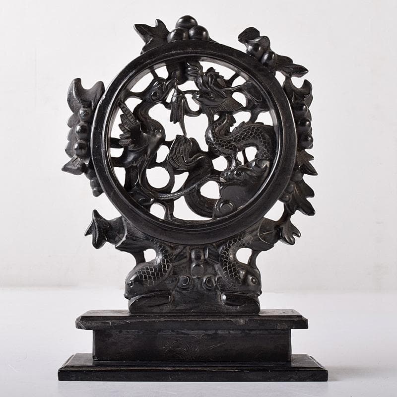 中国　玉石黒石彫刻　鳳凰文透かし彫　硯屏　床飾　置物　時代箱付　C　R8364