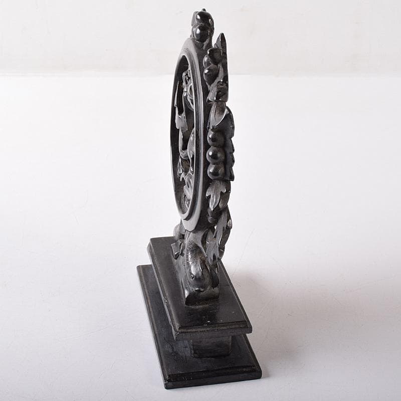 中国　玉石黒石彫刻　鳳凰文透かし彫　硯屏　床飾　置物　時代箱付　C　R8364