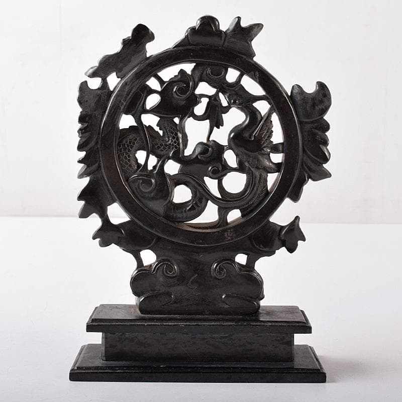 中国　玉石黒石彫刻　鳳凰文透かし彫　硯屏　床飾　置物　時代箱付　C　R8364