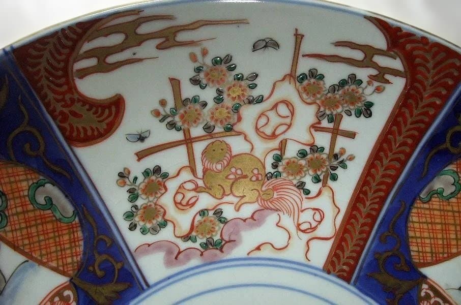 伊万里 染付 色絵 窓絵 盛り上 花づくし (明治期) 大皿 37cm 骨董