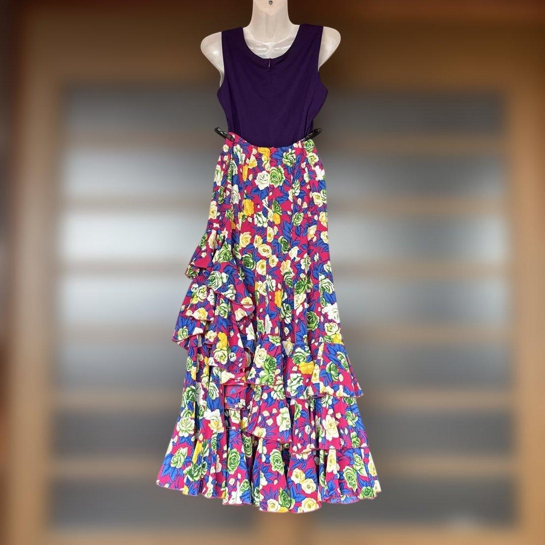 フラメンコ スカート 紫と花柄三点セットアップ