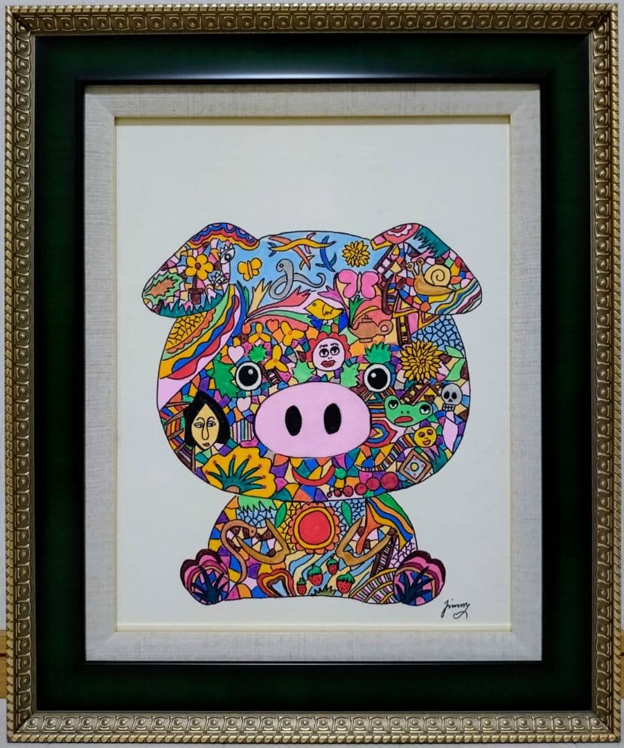 【F6号】ジミー大西【Pig】手描き作品/表裏サイン/油彩/アクリル/絵画/額縁