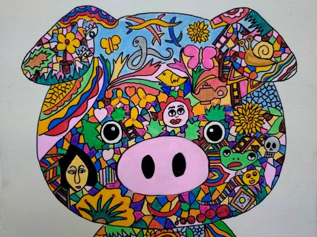 【F6号】ジミー大西【Pig】手描き作品/表裏サイン/油彩/アクリル/絵画/額縁