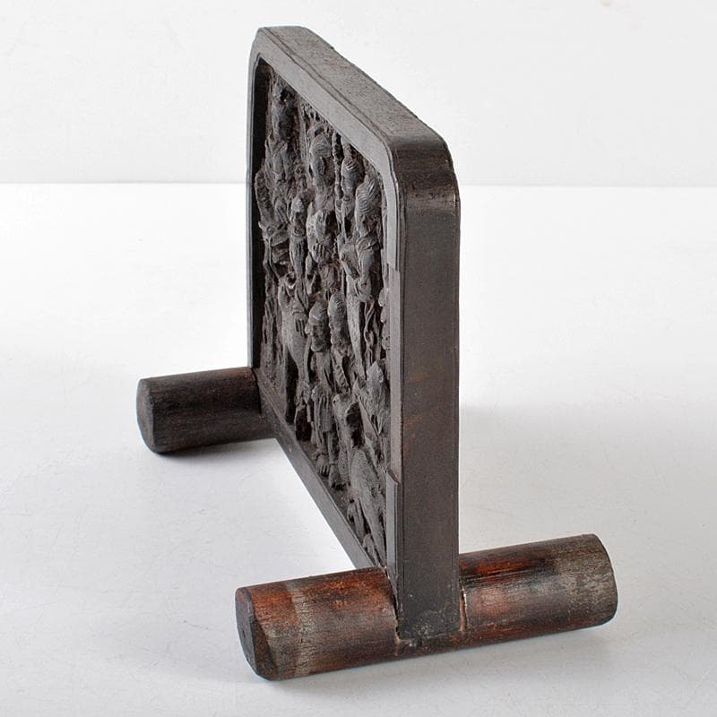 中国　唐木紫檀彫刻　人物彫　衝立　硯屏　置物　M　R5164