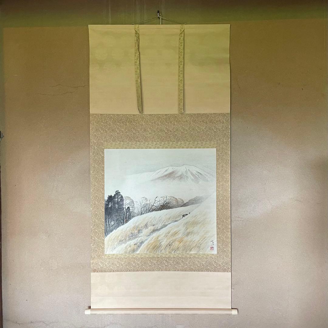 住千代数　掛軸　「晩秋」　サイン落款入り　共箱付き　日本画　雪山　25.5.31